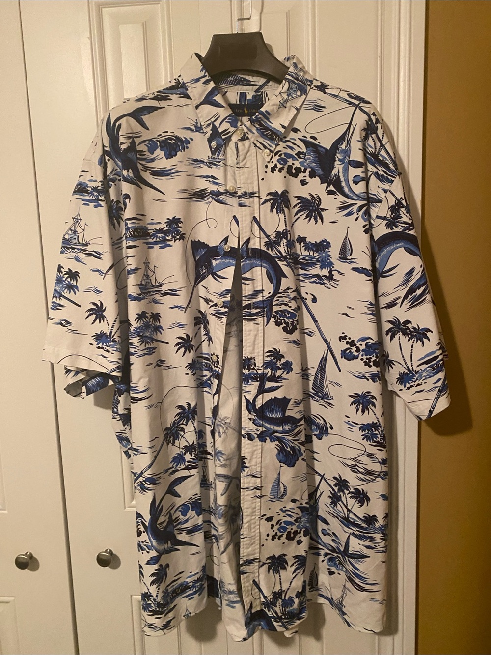 Ralph Lauren White Short-Sleeve Button-Down with Blue Tropical Print